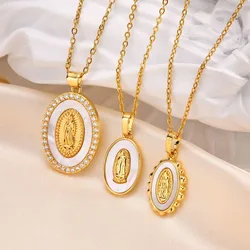 Vnox Guadalupe Virgin Mary Necklace for Women Teens, Gold Plated Oval Zircon Inlay Mary Pendant Collar Faith Gift