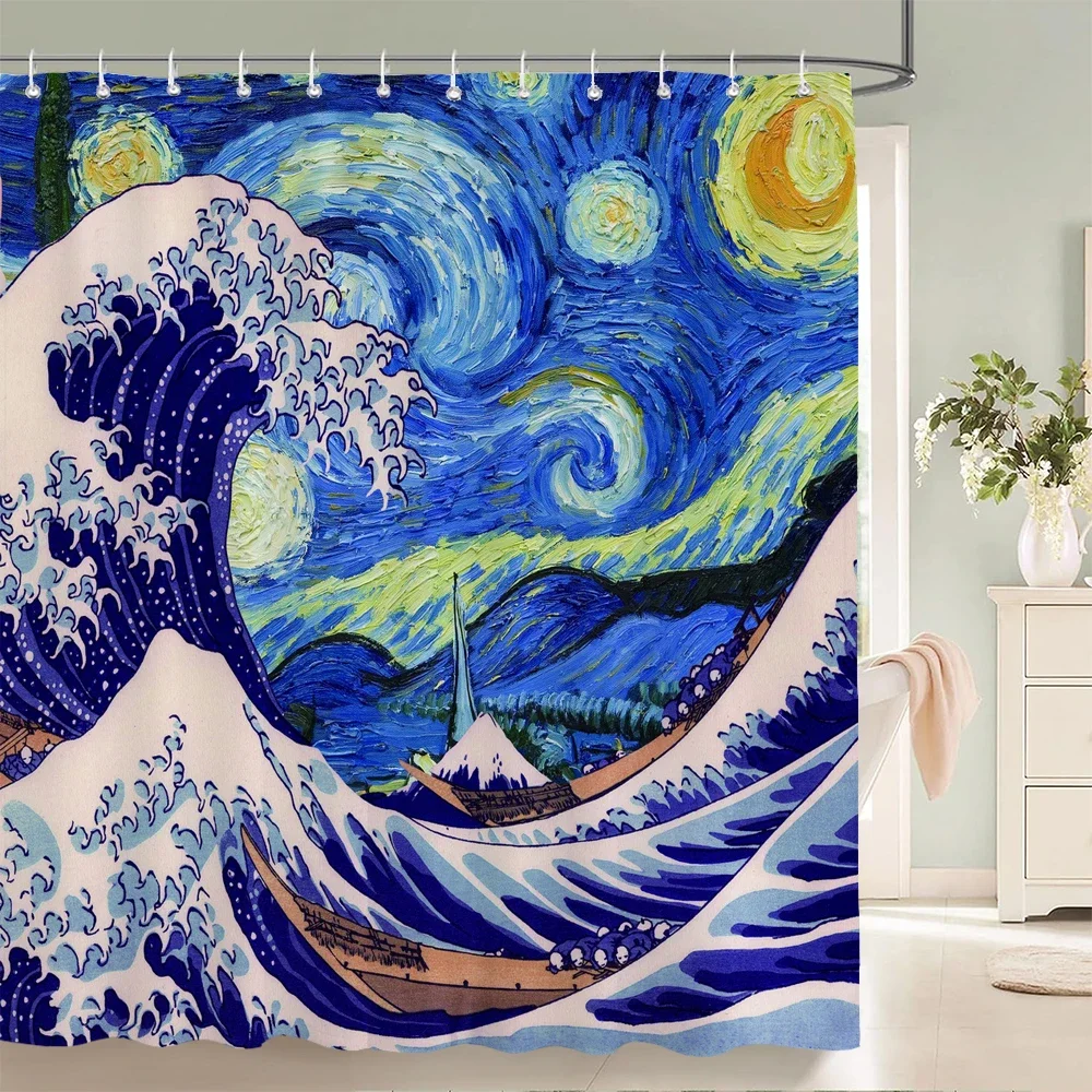 

Классическая креативная занавеска для ванны с волнистым спреем, водонепроницаемая ткань, занавески для душа в японском стиле, экран для ванны с крючками для ванной комнаты