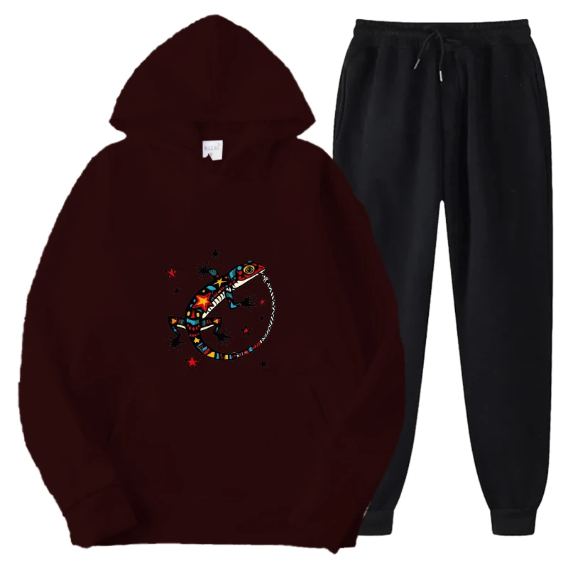 طقم هوديي مطبوع باللونين الأسود والعنابي، سويت شيرت وسروال بنص مضحك 3500 جرامًا للارتداء والهدايا غير الرسمية
