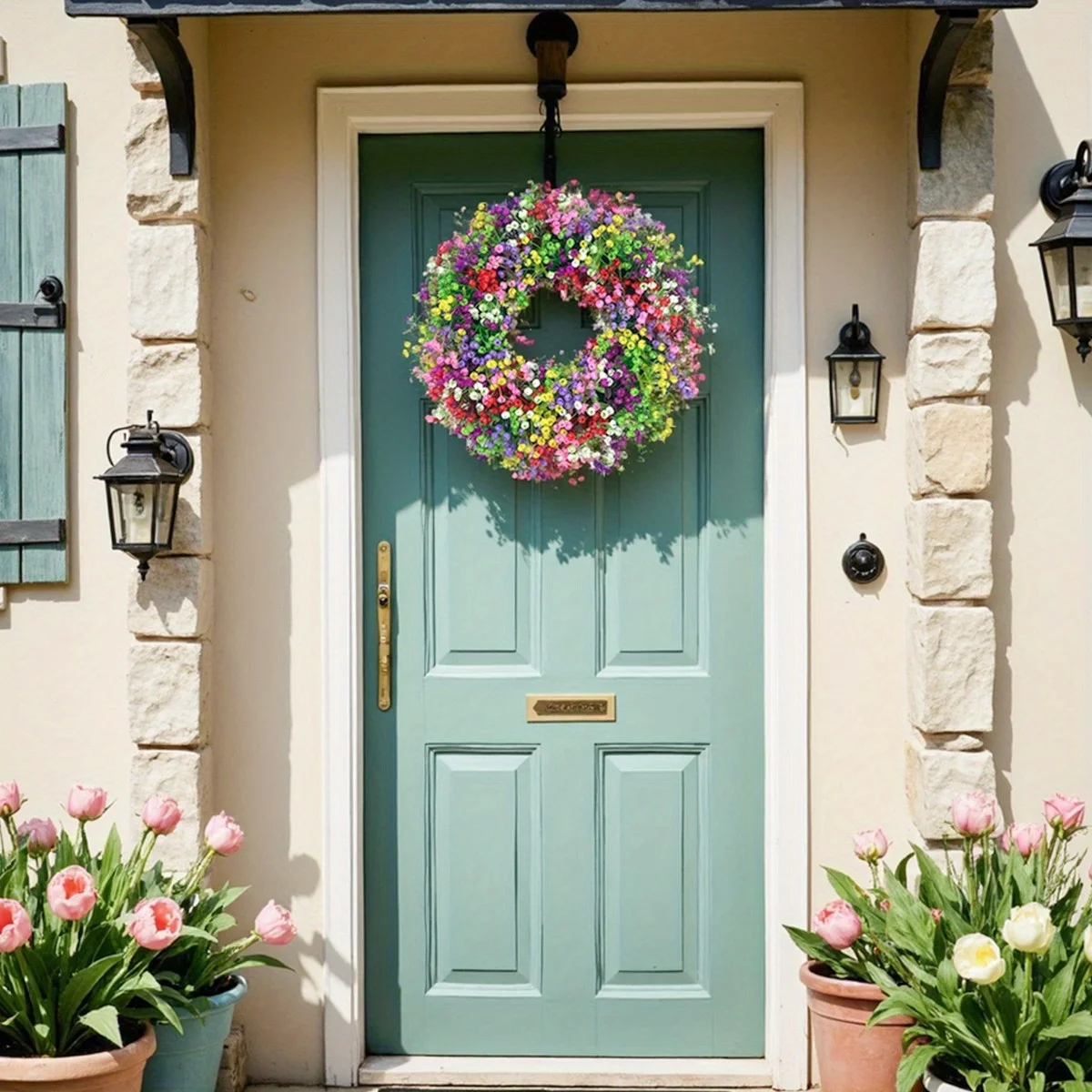 

Spring Wreath for Front Door, 15.7in Gypsophila Wreath Decorations for Home Artificial Wreath for Door Wreath with