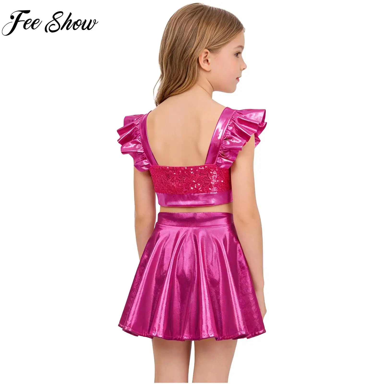 2Pcs Kids Girls Metallic Shiny Jazz Dance Outfit Sleeveless Cheerleading Crop Top with Pleated A-line Skirt Performance Costume