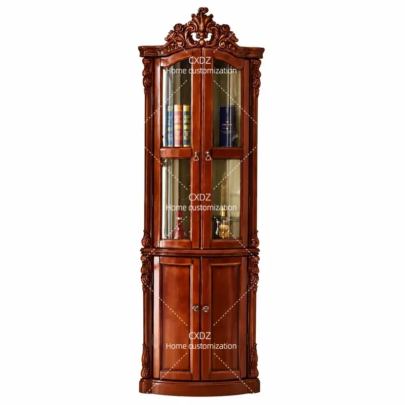 European Solid Wood Wine Cabinet American Light Luxury Double Door Carved Decorative Display Cabinet Living Room Glass