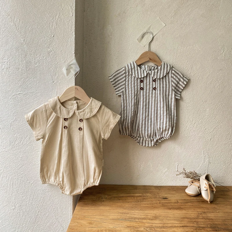 Summer New Preppy Style Baby Bodysuits Shirt Collar Girls Boys Bodysuit Breathable Linen One Piece Baby Clothing