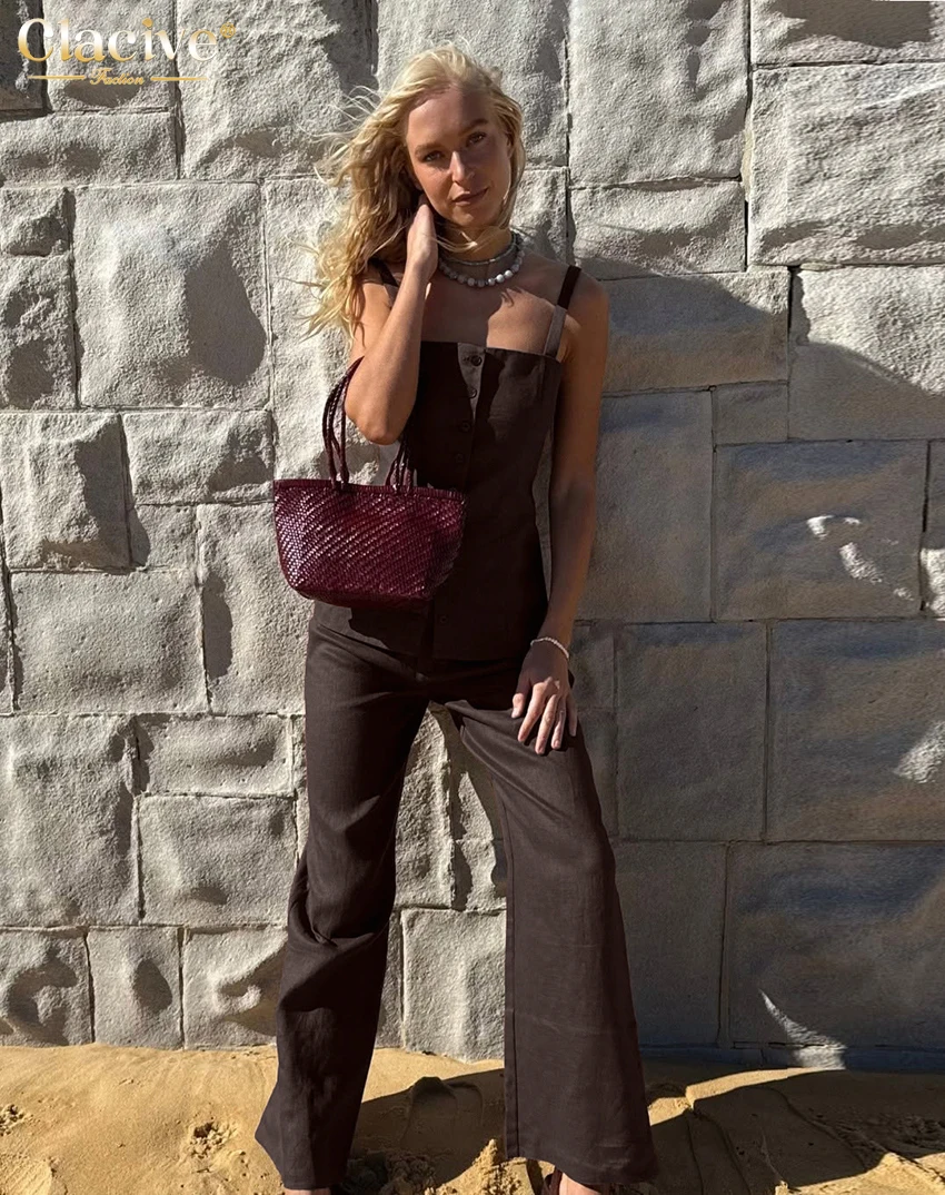 

Clacive Sexy Loose Brown Cotton Trousers Set 2 Piece Woman 2026 Summer Sleeveless Tank Top With High Waist Wide Pants Set Female