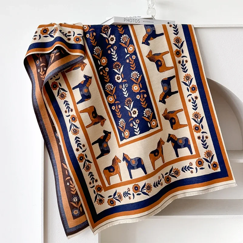 2024 Winter Cashmere Scarf Women Animal Print Thick Warm Shawls Wraps Luxury Brand Horse Printed Pashmina Blanket Cape