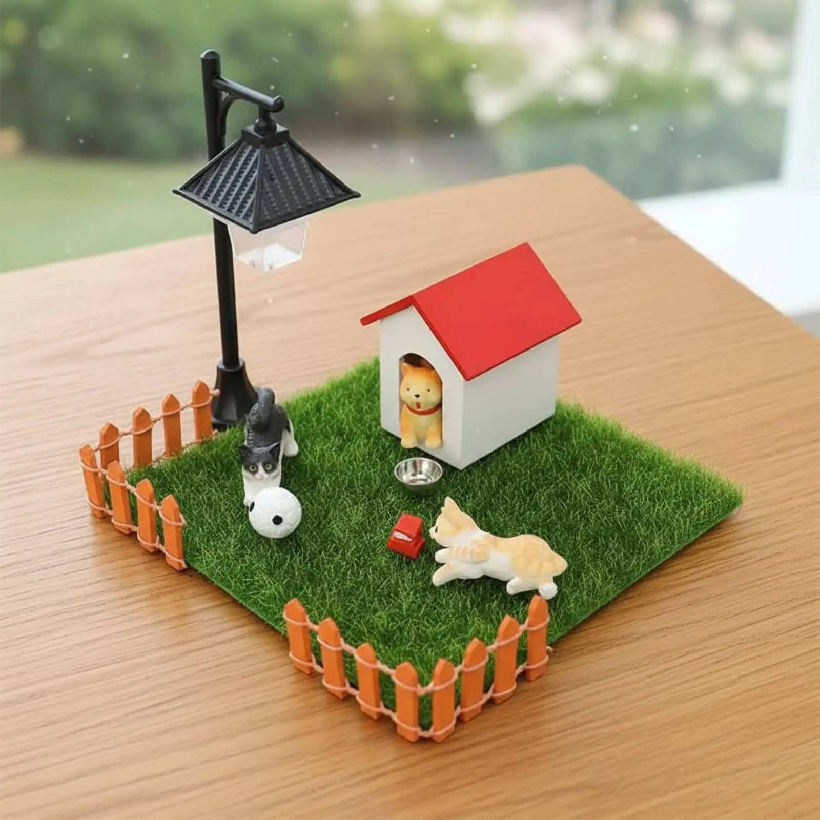 Cute Miniature Pet Playset for Dollhouse with Dog House Lamp Fence and Animals for Model Room Decor