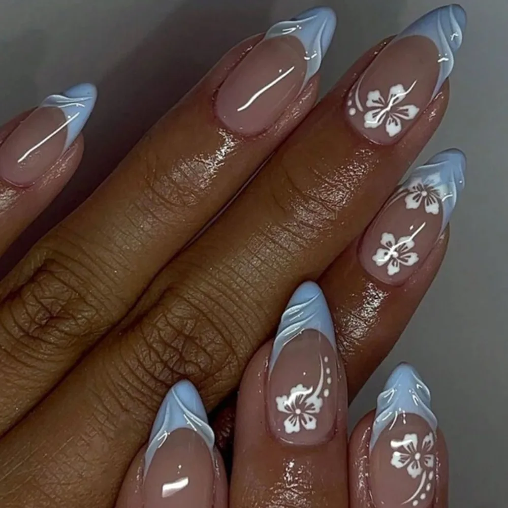 

24pcs French Blue False Nails Art Sweet White Flower Design Long Almond Press on Nails Sets Finished Datachable Fake Nail Tips