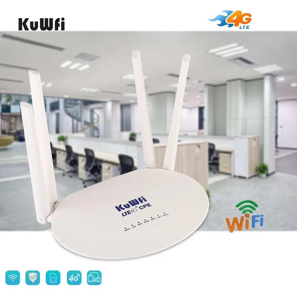 KuWfi 150Mbps Wifi Router 4G LTE Wireless Router Modem Mobile Hotspot With Sim Card Slot 4 External Antenna Support 32 Devices