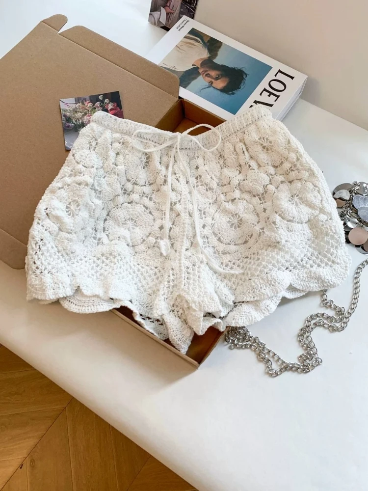 

Shorts White Bohemian Crochet Lace Knitted Women Summer Tie High Waist A Line Unique Stylish Elegant Soft Chic Cute Hot Pants