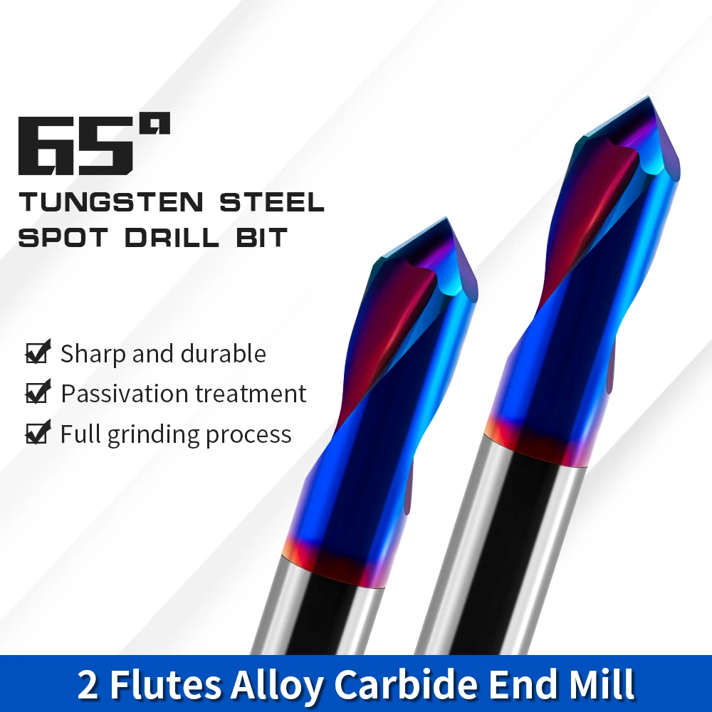 HRC65 Spot Drill 90 Degrees Carbide Chamfer End Mill Stub Starting Location Center Bit 2Flutes Router Bit CNC Machine Tools