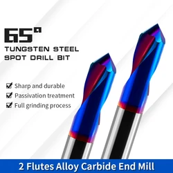 HRC65 Spot Drill 90 Degrees Carbide Chamfer End Mill Stub Starting Location Center Bit 2Flutes Router Bit CNC Machine Tools