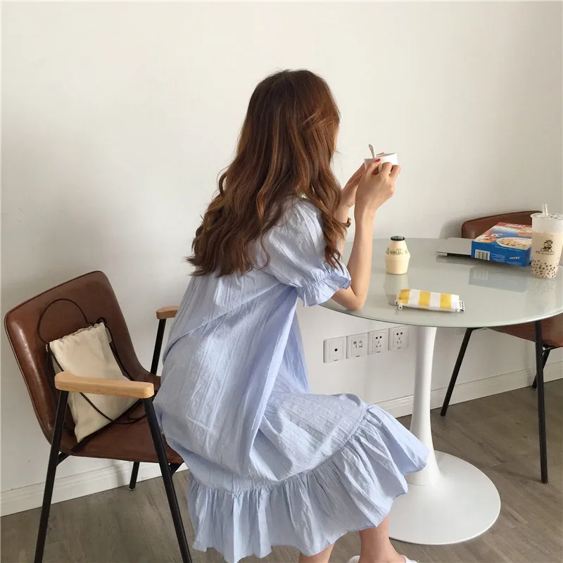 Blue Lace Square Collar Nightgown Korean Kawaii Long Sleepwear Loose Cotton Night Dress Short Sleeve Jacquard Striped Homewear