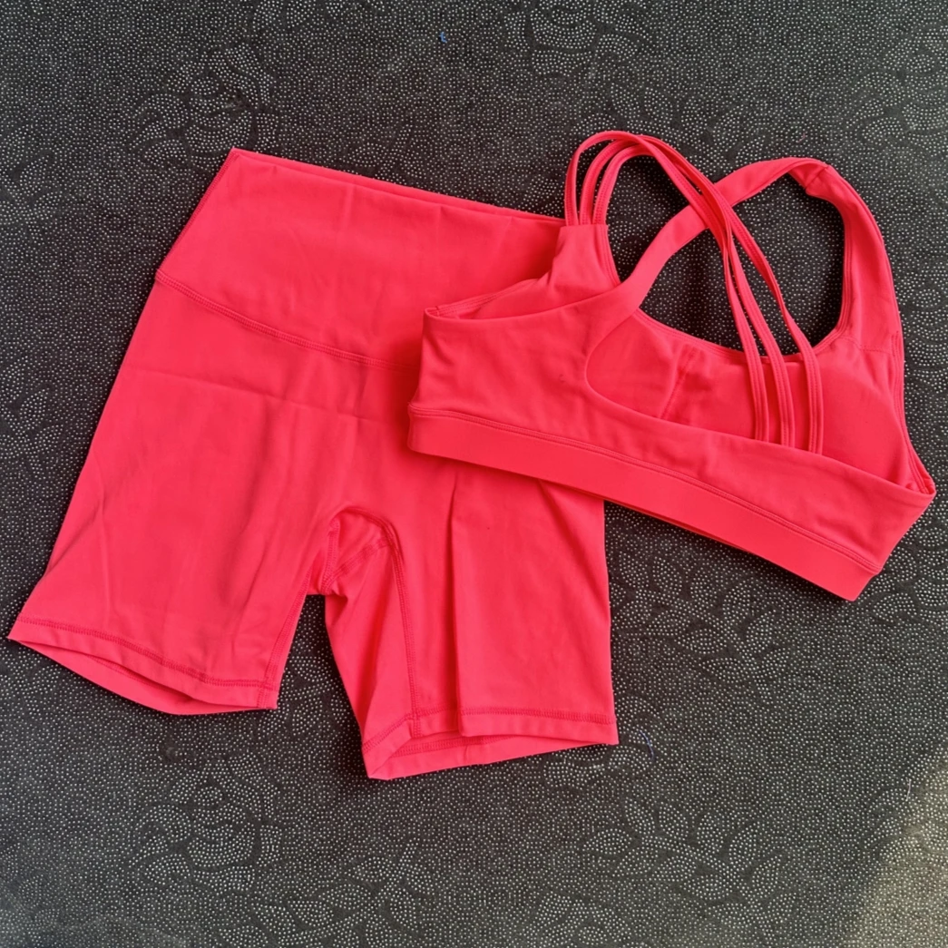 Solid Color Soft Women Gym Yoga Set Shoulder Strap Cross Back Sport Bra+High Waist Yoga Short Legging 2pc Sportwear Workout Wear image 2
