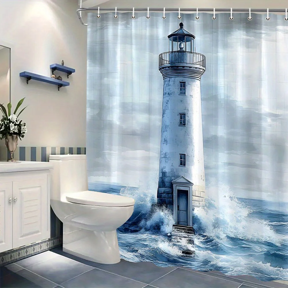Coastal Lighthouse Shower Curtain Realistic Ocean Scene White Beacon Blue Waters Rugged Sky Polyester Washable with Hooks