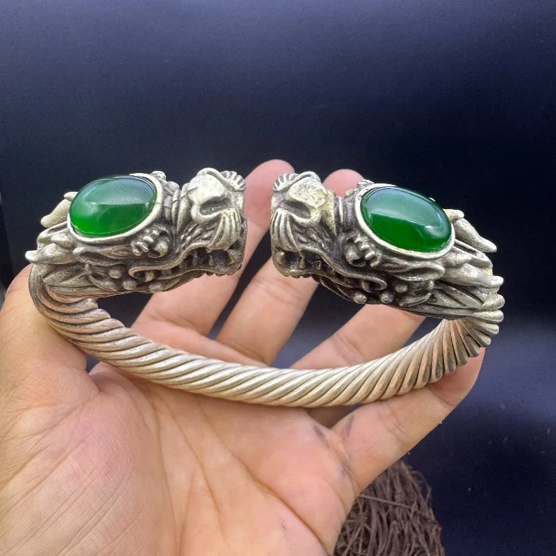 Ethnic Handcraft Cuff, Antique Miao Tibetan Silver Bracelet with Inlaid Stones for Collection Gift