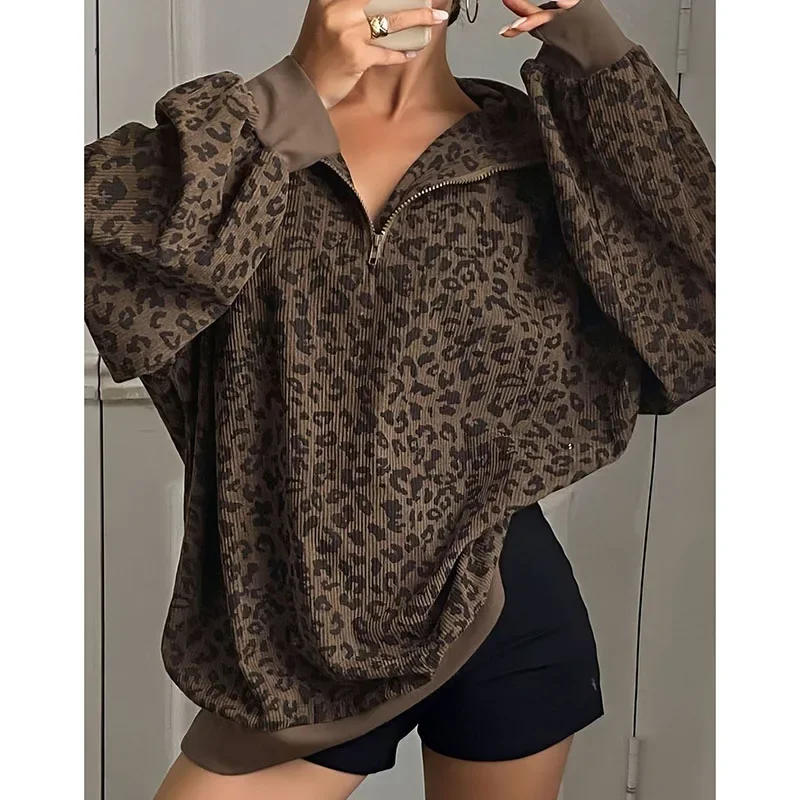 Women Casual Zipper Long Sleeve Leopard Sweatshirt Loose Oversize Retro Hoodie Stand Collar Corduroy Outerwear Pullover Autumn