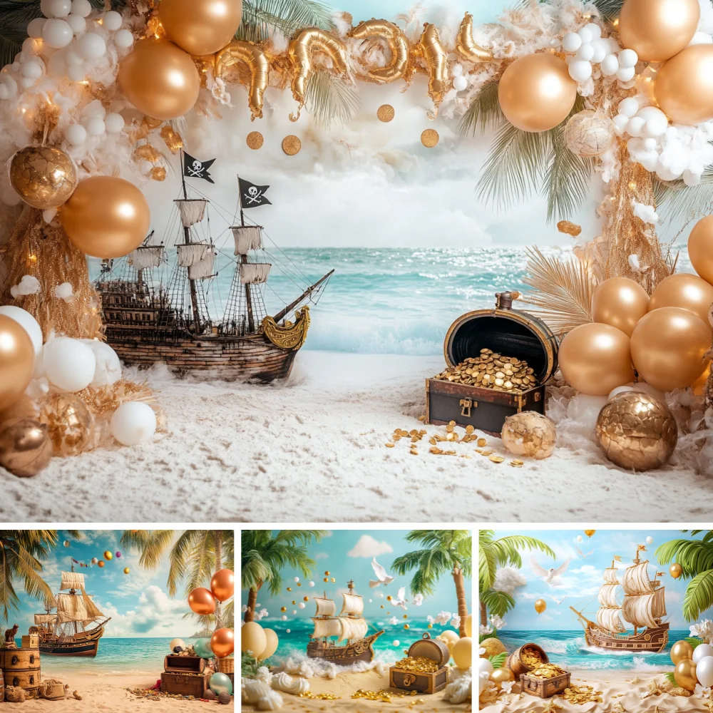 

Pirate Sailboat Photography Backdrop Black Gold Balloons Wooden Box Skull Baby Shower Kids Boy Birthday Party Decor Background