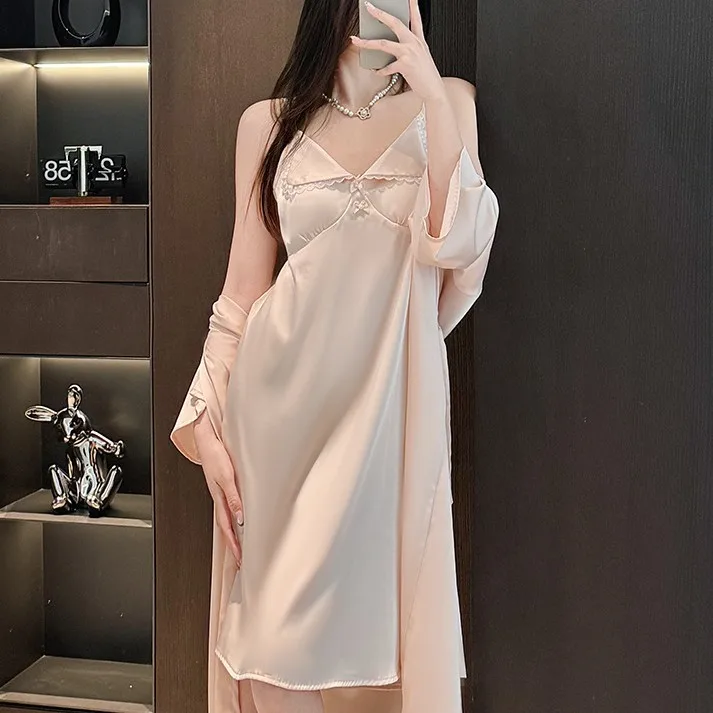 Twinset Robe Set Women Lace Bathrobe Gown Sleep Suit Summer Kimono Sleepwear Nightdress Lingerie Silky Satin Nightgown