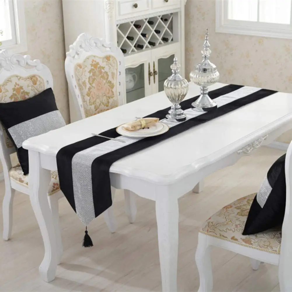 Table Runner Handmade Elegant Natural Table Cloth with Diamante Strip and Tassels, Dresser Scarves for Family, Dinners Party