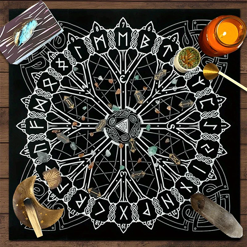 1PC Mystical Celtic Rune Tarot Cloth Riddle Symbol Synthetic Gem Print Premium Polyester Altar Cloth For Tarot Reading Meditt