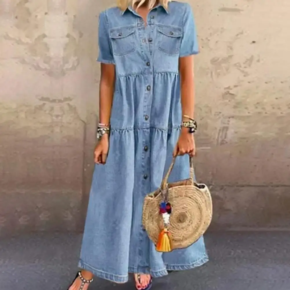 Blue Denim Vintage Dress Fashion Korea Autumn Elegante Solid Single Breasted Streetwear Loose Long Dress for Women 2023