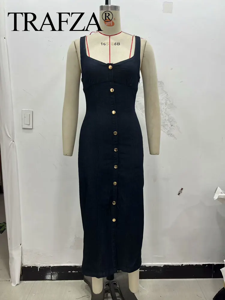 

TRAFZA Vintage Denim Suspender Dresses For Women Solid Sleeveless V-neck Single-breasted Side Zipper Summer Fashion Midi Dress