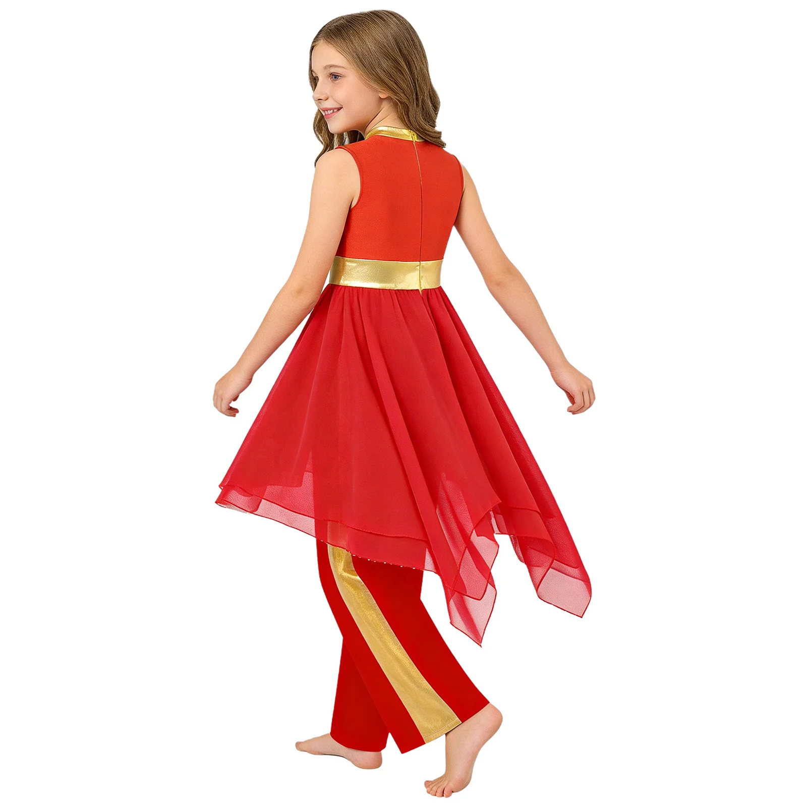 

Girls Liturgical Praise Lyrical Contemporary Dance Costume Church Choir Worship Tunic Dress Metallic Sleeveless Gown with Pants