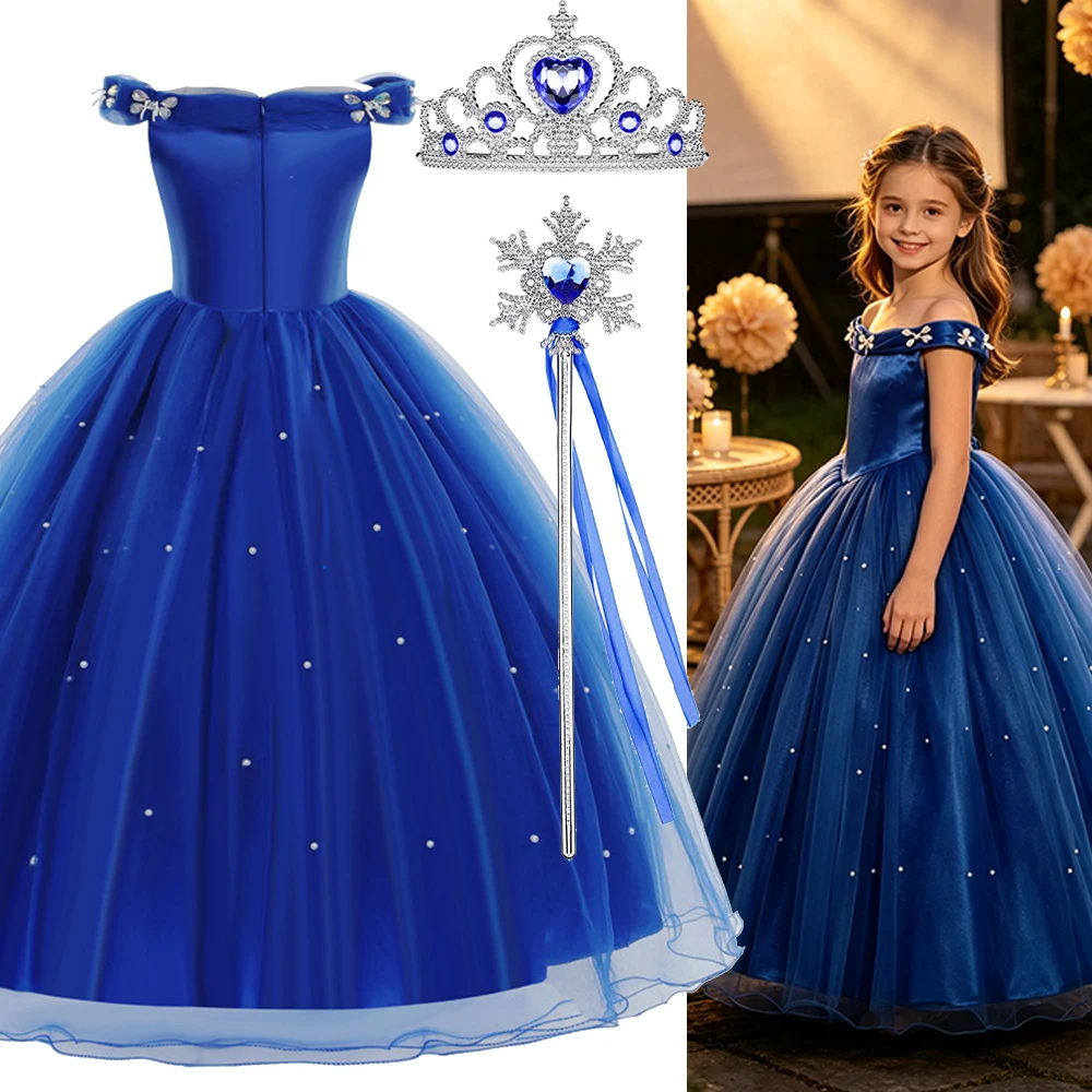 Sparkly Dark Blue Princess Ball Gown With Crown Necklace Full Costume Accessories For Girls Birthday Christmas Party Stage Gift