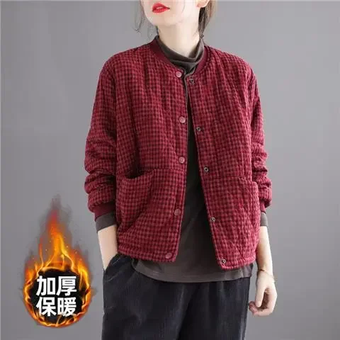 

Women's Retro Quilted Baseball Jacket Loose Plaid Thickened Warm Cotton Coat