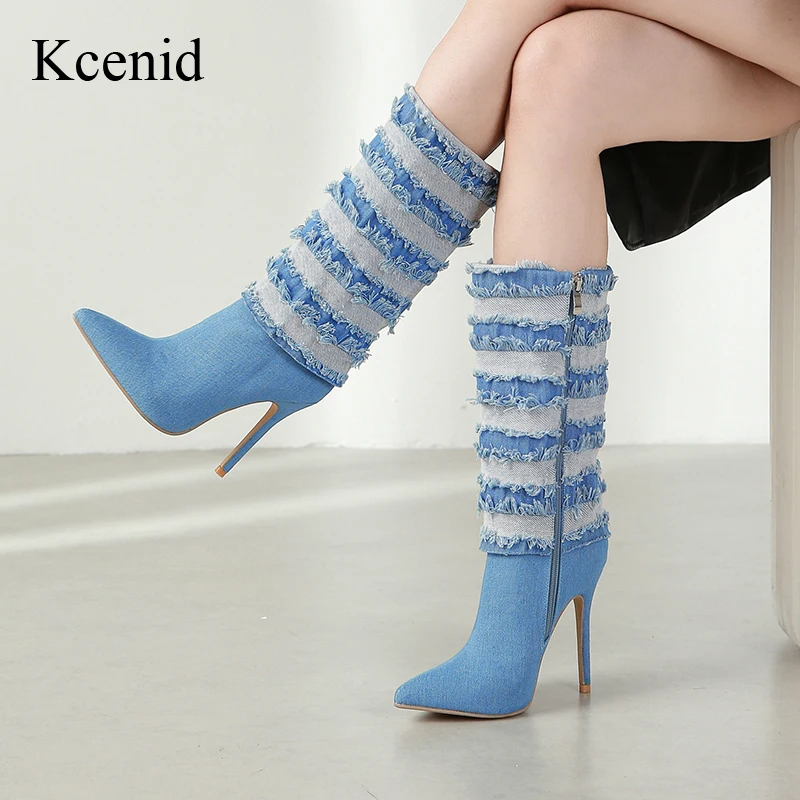 Kcenid-denim dedo apontado, botas altas para mulheres, botas longas plissadas com zíper, sapatos de festa stripper, salto alto na moda outono e inverno