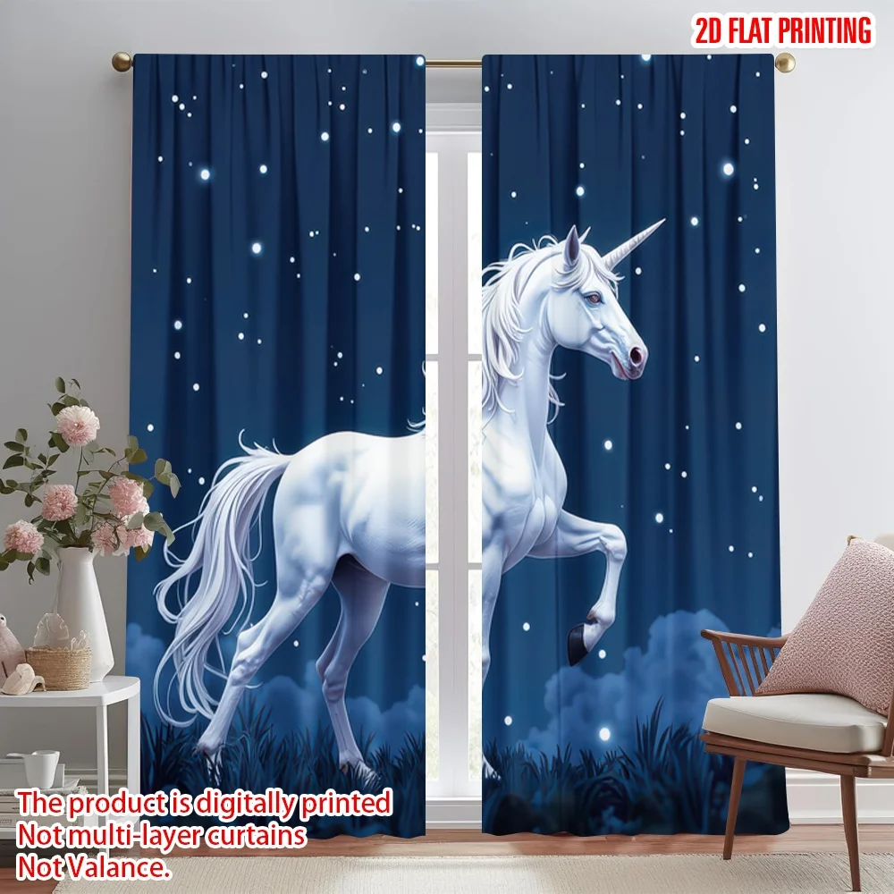 

2D flat printing 2pcs Scene Curtain Unicorn Under Starry Sky Digital Printed Polyester Drapes Party Decorations Perfect for