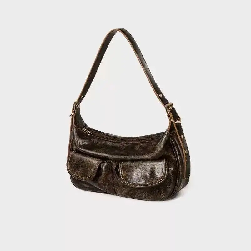 

Retro Vintage Design Double ket Underarm Bag Motorcycle Sle oulder Bag for Autumn Winter Versatile Worn out Trend Bag
