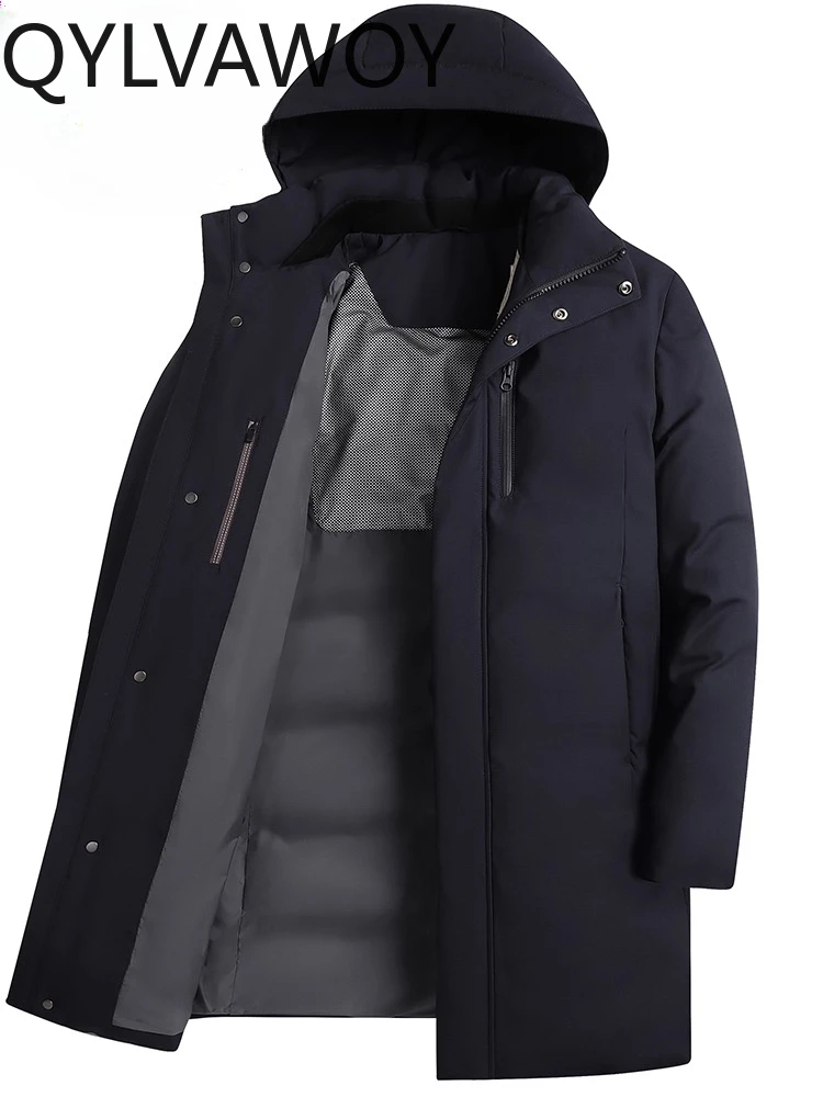 QYLVAWOY 50% ウール メンズ 中年高齢者 ウール & マルベリーシルク 厚手ミッドロングトレンチコート 取り外し可能なフード付きダウンジャケット LJ2083