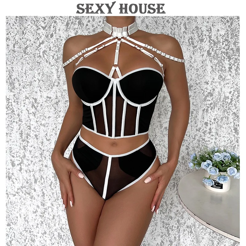 

High-Quality Sexy Exotic Costumes Sensual Lingerie Transparent Bandage Erotic Apparel Luxury Intimate Bra And Panty Garters Set