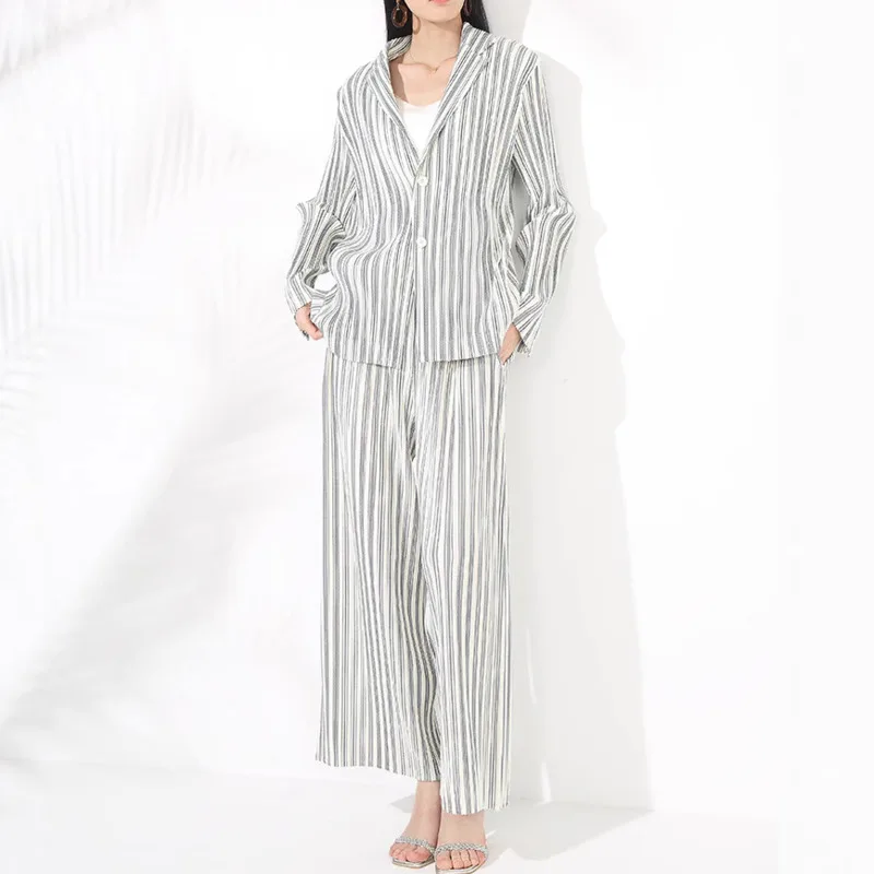 YFPF Casual Pleated Striped Women 2 Piece Set Long Sleeve Button Shirt + Wide Leg Trousers Fashion 2025 New Clothing 3A377