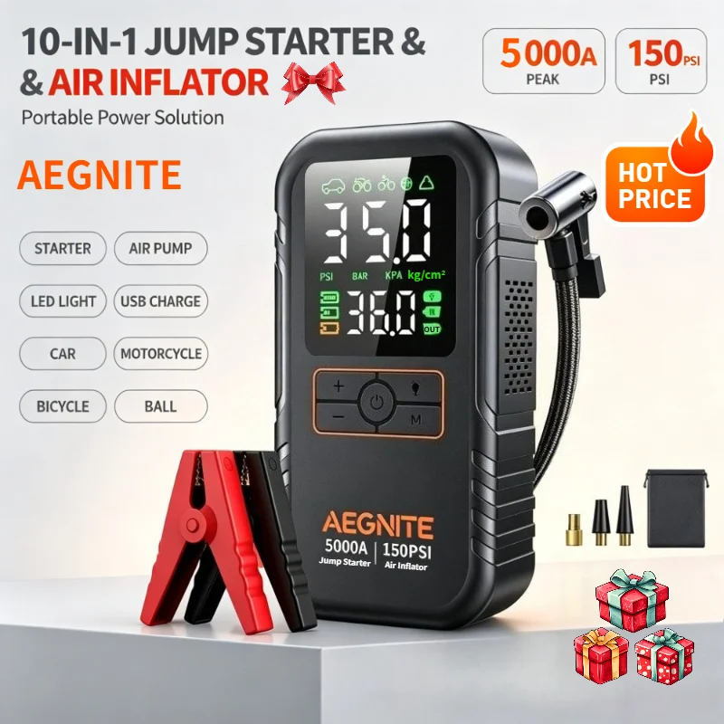 Image of AEGNITE 7‑in‑1 Auto‑Starthilfe 5000A Spitzenstrom mit 150PSI Reifenfüller, 12V 74Wh Batteriebooster für Motoren 9L Benzin / 6,5L Diesel, Tragbare Powerbank mit USB‑Ladefunktion, LCD‑Display,
