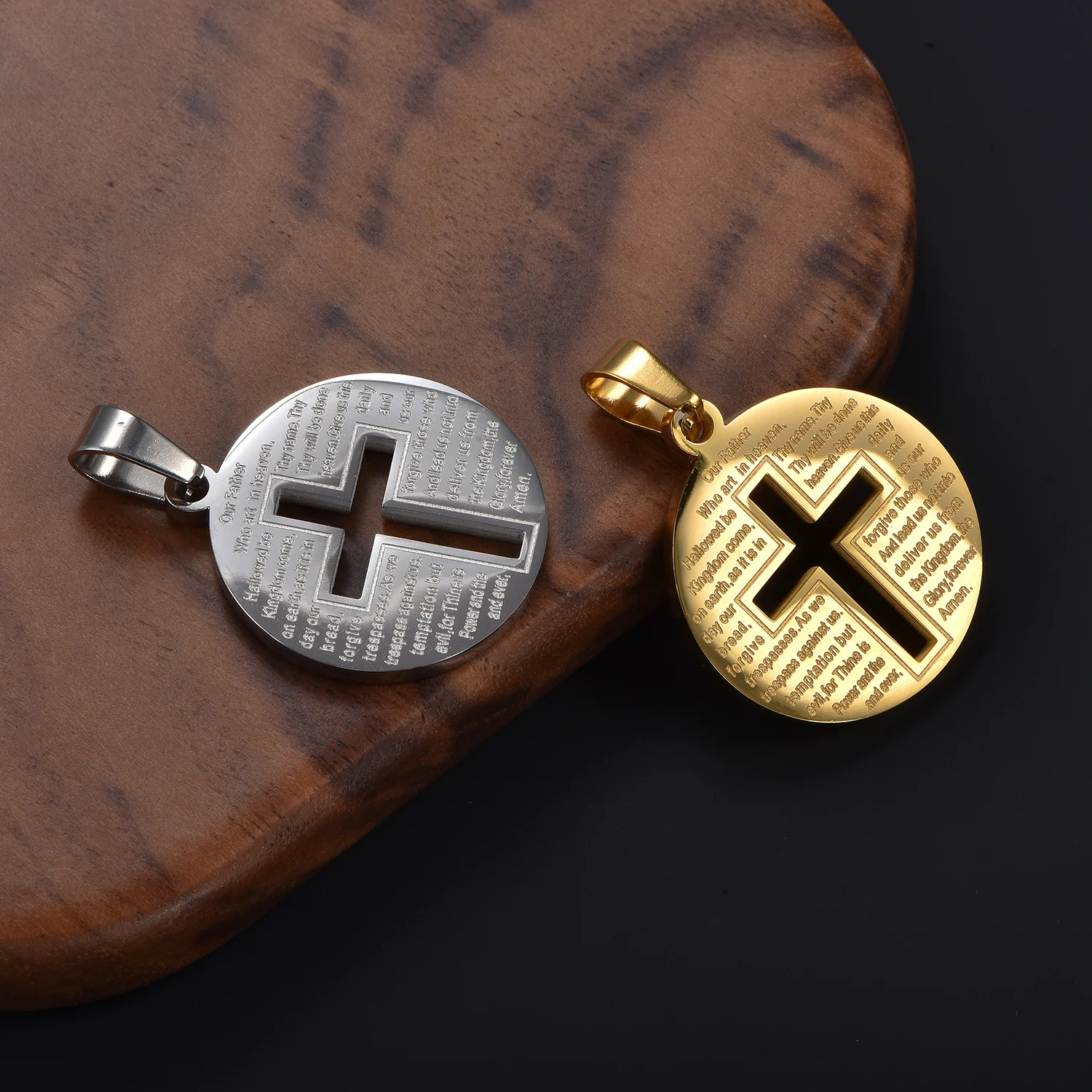 Runde Münzanhänger aus Edelstahl, Hohlkreuz-Halskette, Anhänger, christliche Bibel, Vaterunser-Kette, religiöser Schmuck – Detail 5