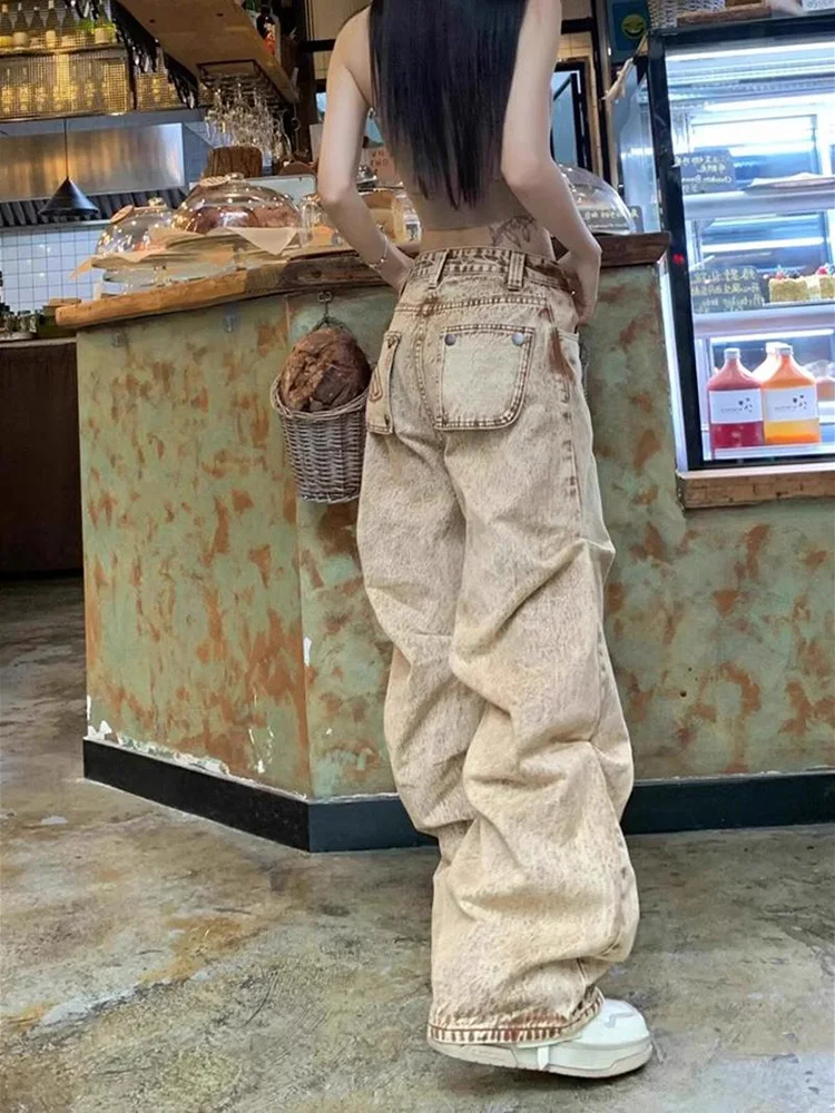 

Women Y2k Fashion High Street Pockets Wide Leg Pants 2024 New Spring/Autumn Jeans High Waist Vintage Loose Pleated Jeans
