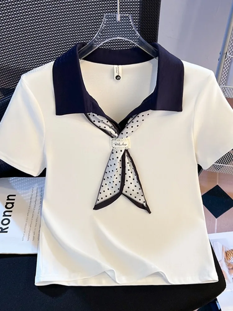 

Летняя женская футболка с воротником и коротким рукавом, приталенный топ в горошек, модный повседневный стиль, из смесового хлопка