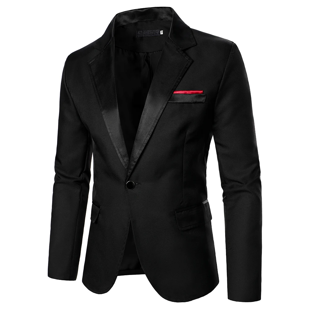 Men Blazer Decorative Chest Pocket Contrast Color Satin Collar Causal Formal Daily Wedding Men Long Sleeve One Button Blazer