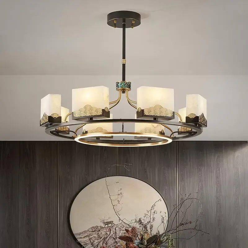 Round Natural Alabaster Chandelier New Chinese Style Simple Modern Main Pendant Light for Living Room Dining Room Bedroom