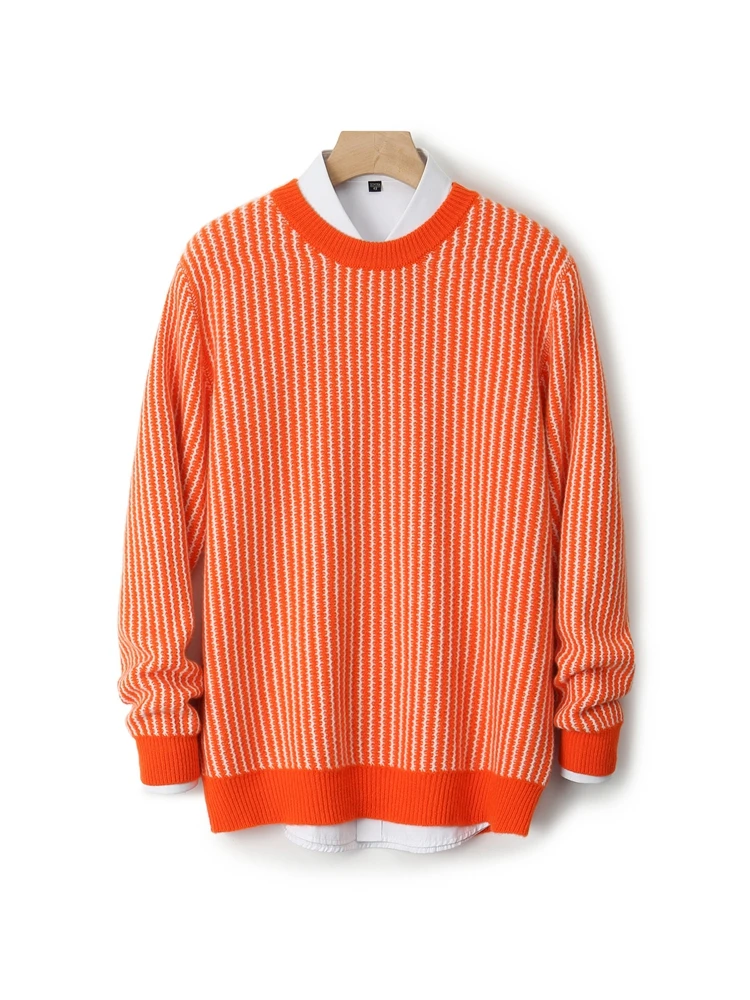 100% suéter de lã merino para homens, gola redonda, pulôver grosso, caxemira, jacquard macio, mangas compridas, cor sólida, tendência, roupas quentes