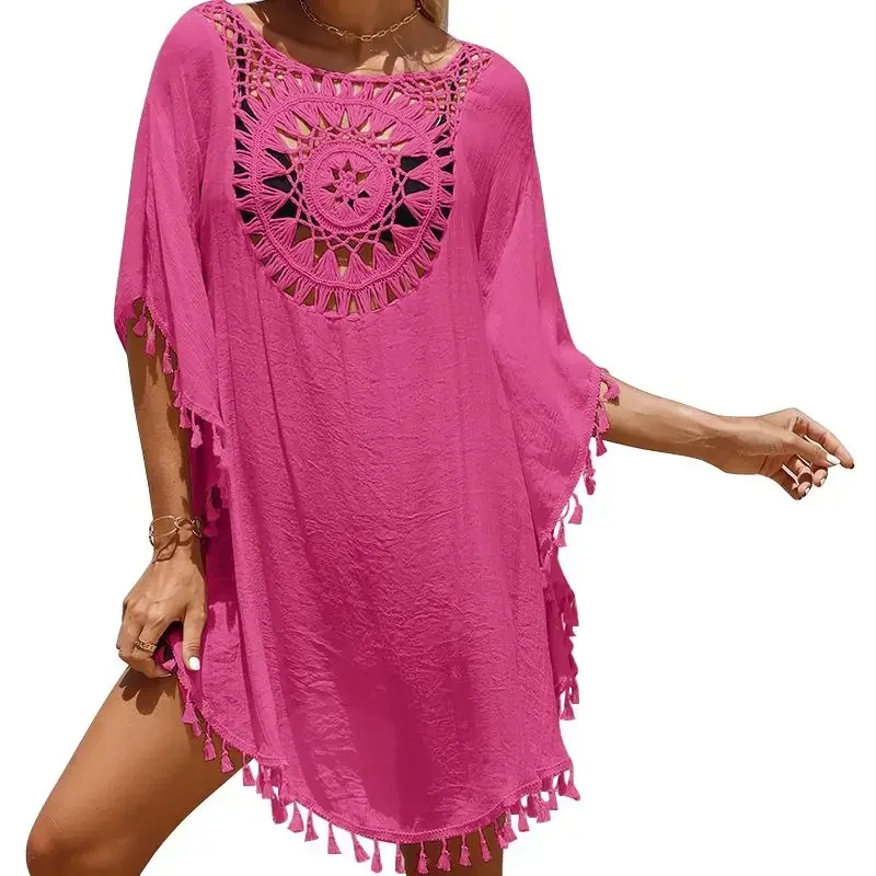 

Female Summer Solid Color Hollow Out Beach Dress Women Casual Bohemian Holiday Outfits Beachwear Bikini Cover Up