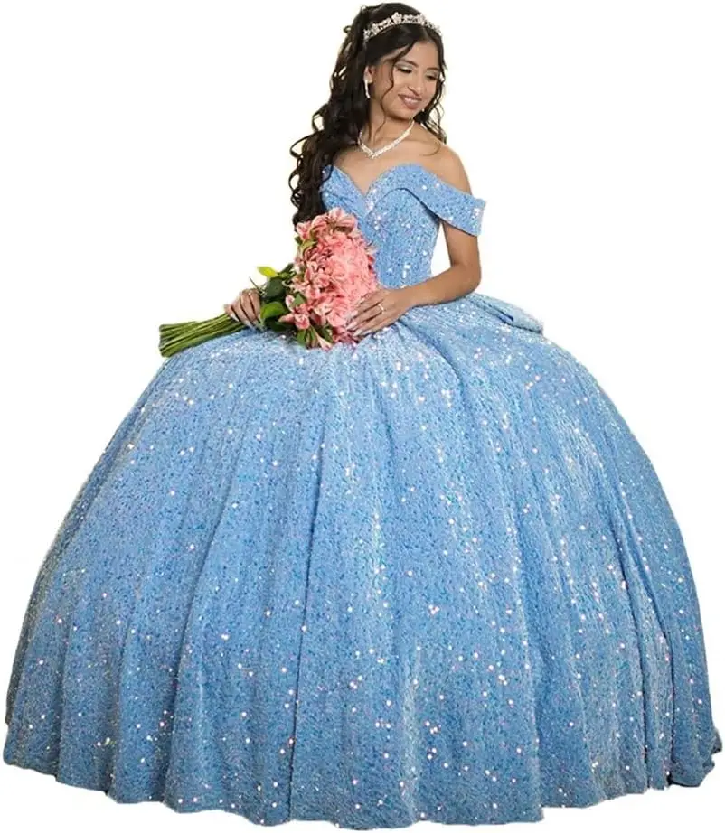 

Блестящие платья Quinceanera с пайетками, бальное платье с бантом и открытыми плечами, элегантные милые платья 15, 16, для дня рождения