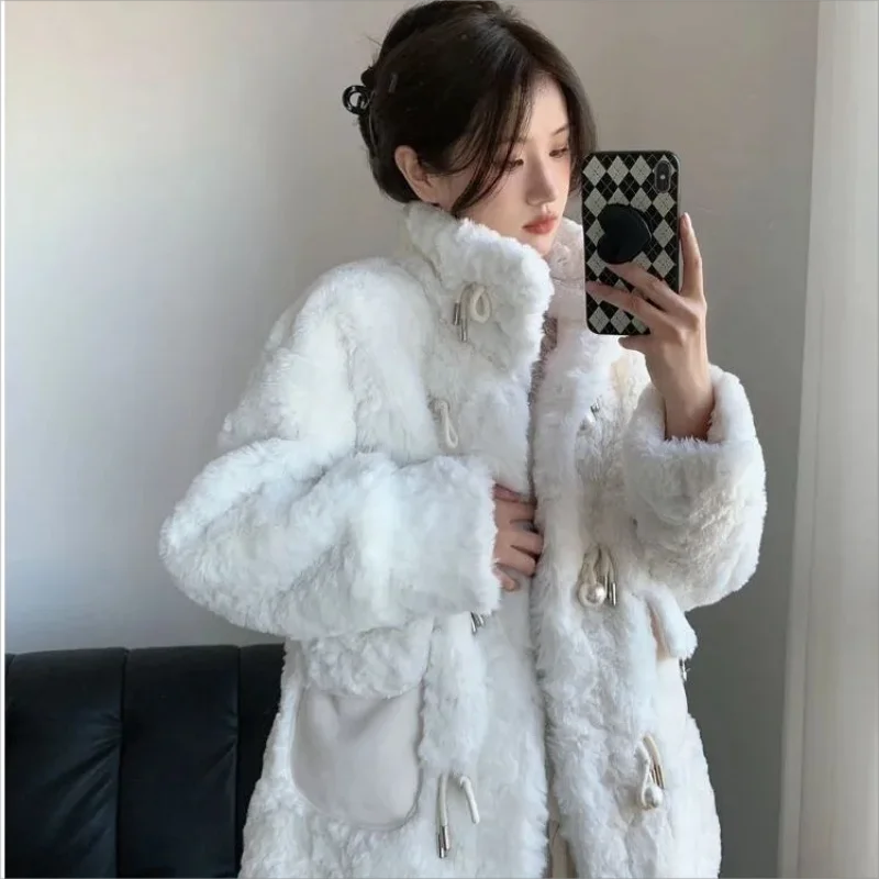 Stand Neck Faux Fur Jacket for Women Korean Fashion Long Sleeve Thicken Plush Coat Woman Faux Lamb Wool Warm Outwear