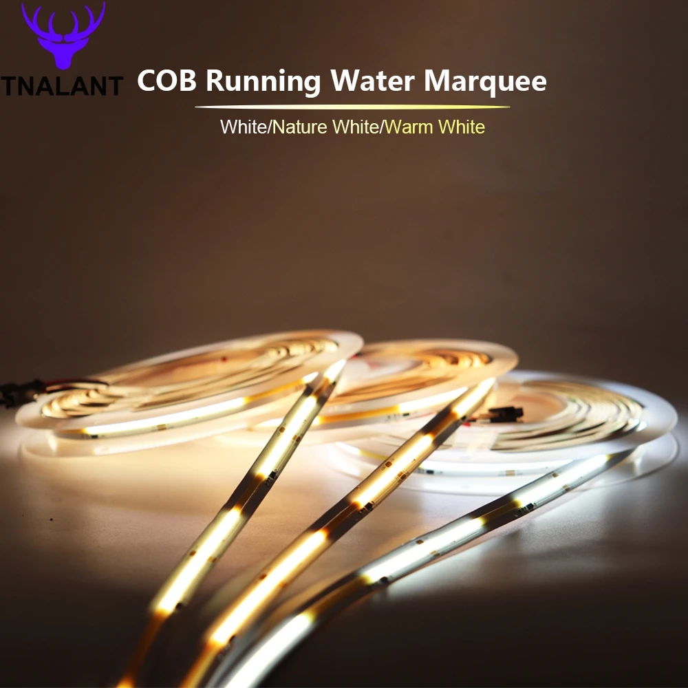 cob horse race led strip para home decor running water light backflow marquee branco quente natureza dc 24v 420leds m ws2811 5m 01