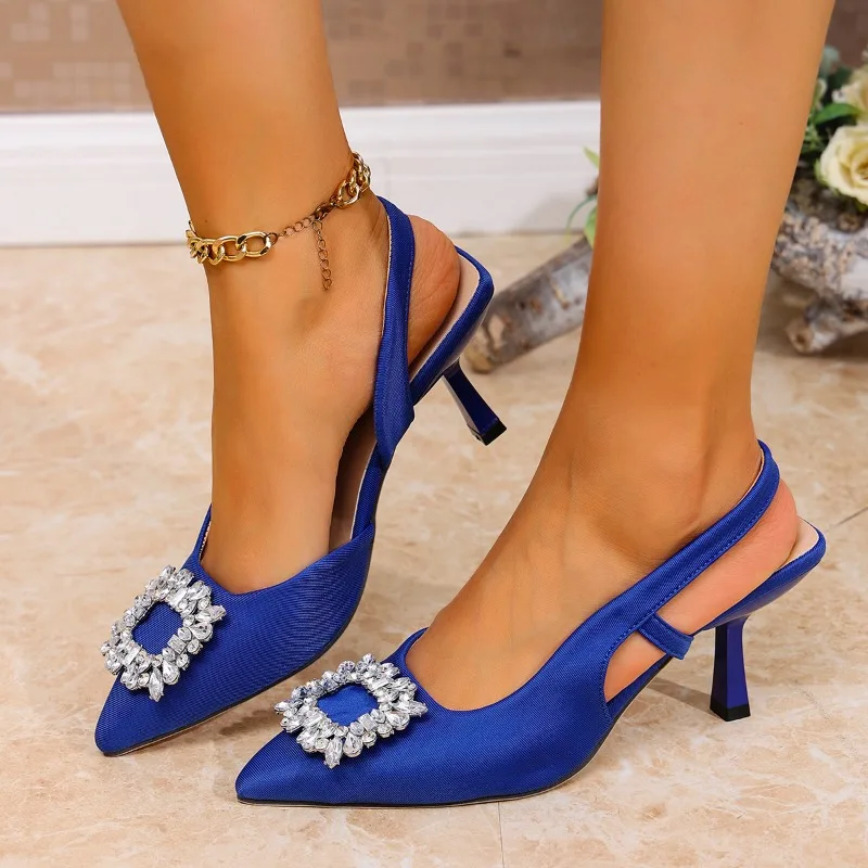 

Новинка 2025 года, босоножки на высоком каблуке с квадратной пряжкой и кристаллами, женские туфли-лодочки без шнуровки с острым носком, женские туфли больших размеров, вечерние свадебные туфли Mujer