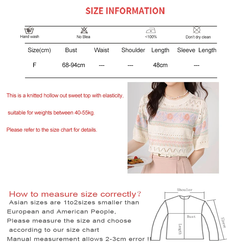 HELIAR Women Striped Printed Cute T-shirt Hollow Out Short Sleeved Casual Shirt Knitted Pullover Boho Sweet O-Neck Tee Summer