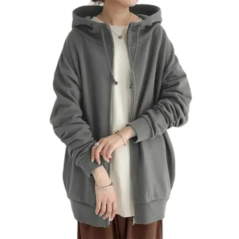 

Autumn Winter Long Sleeve Zipper Cardigan Hooded Sweatshirt Women Loose Hoodie Female Daily Casual Thickened Warm Outerwear 2024