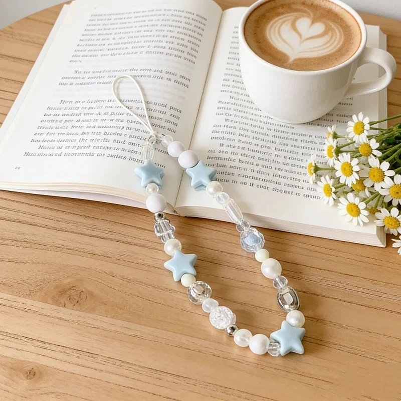 Blue Star Pearl lanyard For Mobile Phone Fashion Pendant Universal Accessory For iPhone Hand Chain Suitable For Girls Fresh Cute